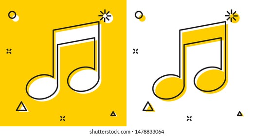 Black Music note, tone icon isolated on yellow and white background. Random dynamic shapes. Vector Illustration