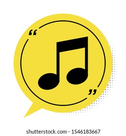 Black Music note, tone icon isolated on white background. Yellow speech bubble symbol. Vector Illustration