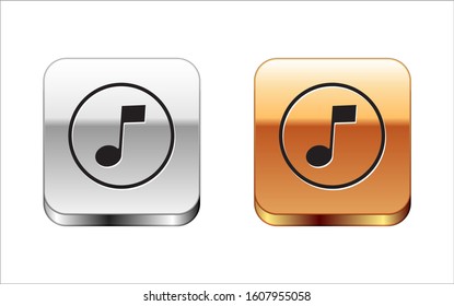 Black Music note, tone icon isolated on white background. Silver-gold square button. Vector Illustration