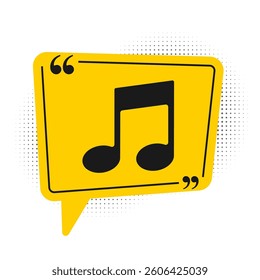 Black Music note, tone icon isolated on white background. Yellow speech bubble symbol. Vector Illustration