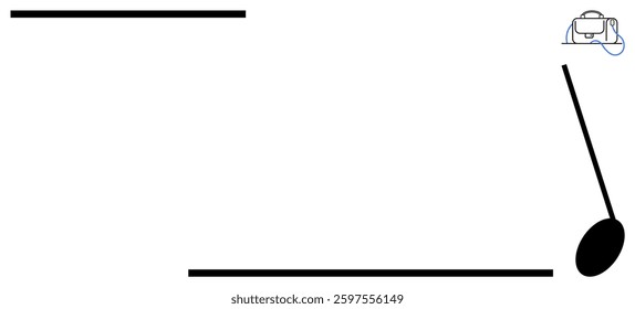 Black music note with two horizontal lines and small briefcase in the top right corner. Ideal for music themes, education, minimalism, presentations, graphical design, art projects, business context