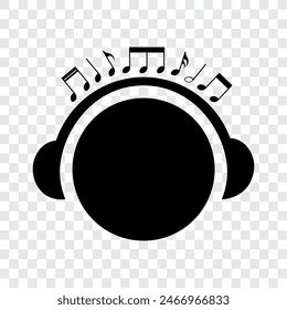 Black music notes with circle and headphone icon, vector illustration.