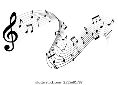 Black music notes on wavy lines, vector illustration.