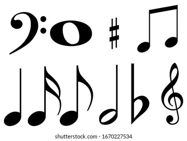 Black music notes on white background.