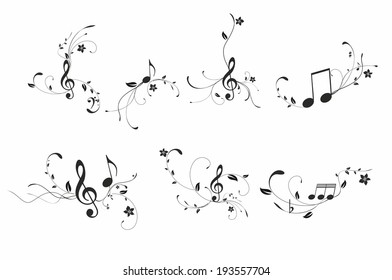Black music notes on a  white background