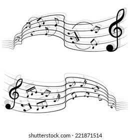 Black music notes and shadow on chords which flow. A vector illustration.