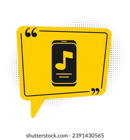 Black Music player icon isolated on white background. Portable music device. Yellow speech bubble symbol. Vector