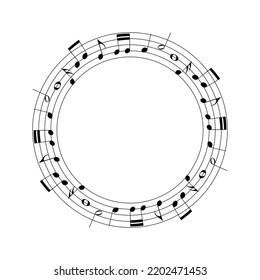 Black music staff and various notes round frame on white background. Musical notes melody vector illustration for sound, song, presentation, banner, logo, poster, audio, cover, card design and more.