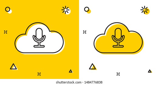 Black Music streaming service icon isolated on yellow and white background. Sound cloud computing, online media streaming, online song, audio wave. Random dynamic shapes. Vector Illustration