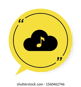 Black Music streaming service icon isolated on white background. Sound cloud computing, online media streaming, online song, audio wave. Yellow speech bubble symbol. Vector Illustration