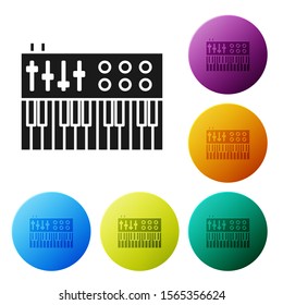 Black Music synthesizer icon isolated on white background. Electronic piano. Set icons colorful circle buttons. Vector Illustration