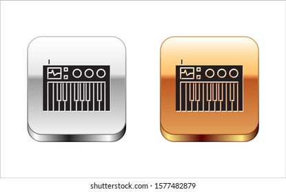 Black Music synthesizer icon isolated on white background. Electronic piano. Silver-gold square button. Vector Illustration