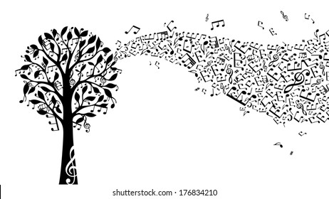 Black music tree isolated on white background. Music notes and treble clefs on tree. Music wave. Vector illustration. 