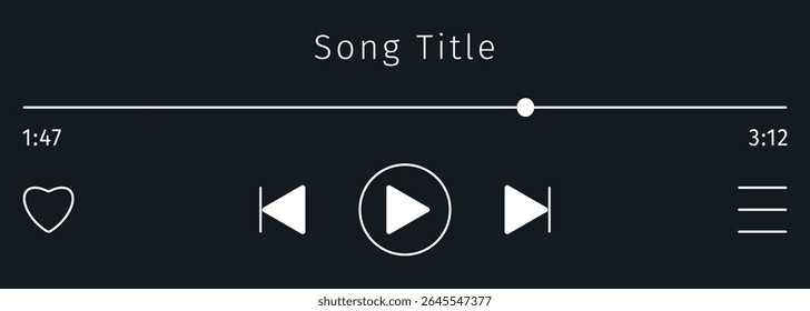 Ícone da barra de reprodução de vídeo ou música preta. Reprodutor de mídia de áudio para músicas ou lista de reprodução de podcasts com texto de título da música. Botão de controle. Tema escuro. Traçado editável. Exibição mini simples