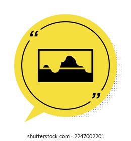Black Music wave equalizer icon isolated on white background. Sound wave. Audio digital equalizer technology, console panel, pulse musical. Yellow speech bubble symbol. Vector