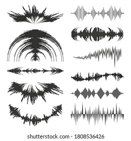 Black music waves logo collection with audio symbols on white background. Modern sound equalizer elements set. Vector flat isolated waveform technology illustration