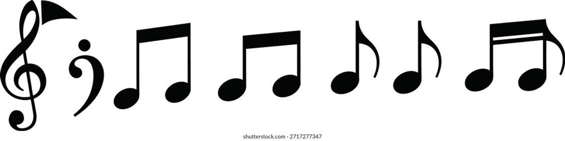 Iconos musicales negros, clefs y Vectores de notas, símbolos de notación musical, Diseño gráfico de ritmo, silueta editable para UI, App, infografías, educación, partituras y elementos visuales con temas de sonido