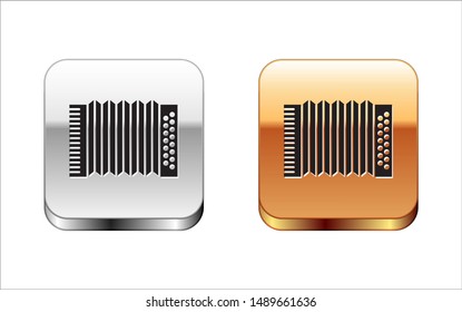 Black Musical instrument accordion icon isolated on white background. Classical bayan, harmonic. Silver-gold square button. Vector Illustration