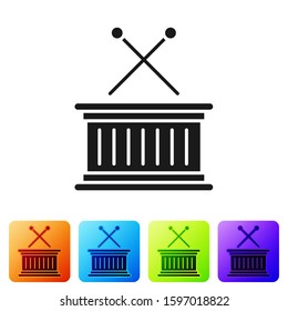 Black Musical instrument drum and drum sticks icon isolated on white background. Set icons in color square buttons. Vector Illustration