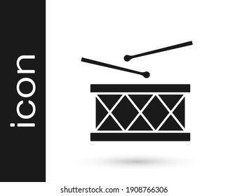 Black Musical instrument drum and drum sticks icon isolated on white background.  Vector