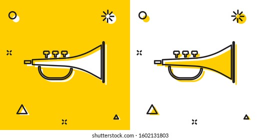 Black Musical instrument trumpet icon isolated on yellow and white background. Random dynamic shapes. Vector Illustration