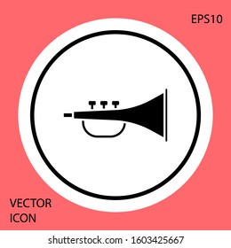 Black Musical instrument trumpet icon isolated on red background. White circle button. Vector Illustration
