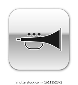 Black Musical instrument trumpet icon isolated on white background. Silver square button. Vector Illustration