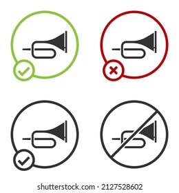 Black Musical instrument trumpet icon isolated on white background. Circle button. Vector