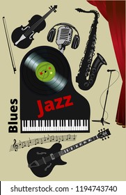 Black musical instruments electric guitar piano keyboard double bass saxophone microphone isolated on white background. 