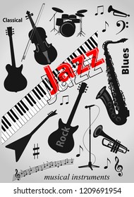 Black musical instruments electric guitar piano keyboard double bass saxophone microphone isolated 