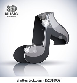 Black musical note 3d modern icon isolated, 3d music element, image contain transparent shadows reflections and flares  Ã?Â¢?? ready to put over any background.