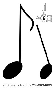 Black musical note with a Bitcoin symbol integrated with circuits. Ideal for music technology innovation, digital currency, tech art, financial tech, and modern design concepts. Simple minimalist