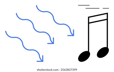 Black musical note icon with three blue wavy lines pointing towards it Ideal for music education, creative teaching visual aid music apps and sound effect design Simple line art vector