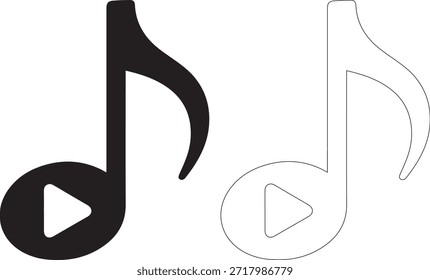 Eine schwarze musikalische Note mit einer Wiedergabetaste im Inneren, begleitet von einer gepunkteten Umrissversion, auf einem sauberen weißen Hintergrund, ideal für Musik- und Medienkonzepte.