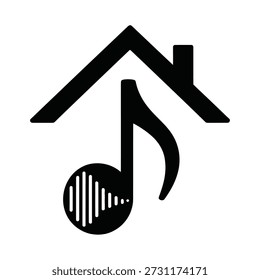 Nota musical negra con ondas de sonido bajo el icono de símbolo gráfico del techo de la casa