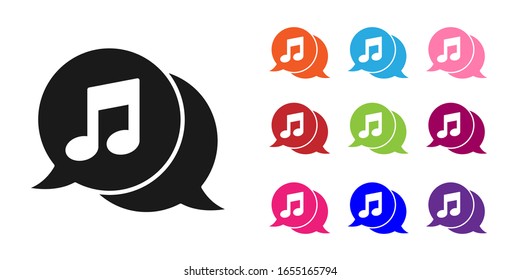 Nota musical negra en el icono de la burbuja del habla aislada en fondo blanco. Concepto musical y de sonido. Establecer iconos coloridos.  Ilustración vectorial