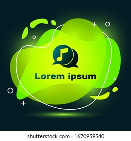 Black Musical note in speech bubble icon isolated on black background. Music and sound concept. Abstract banner with liquid shapes. Vector Illustration