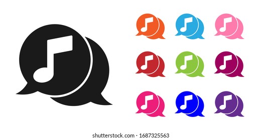 Nota musical negra en el icono de la burbuja del habla aislada en fondo blanco. Concepto musical y de sonido. Establecer iconos coloridos. Ilustración vectorial
