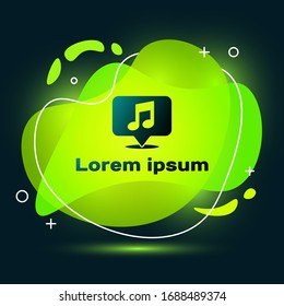 Black Musical note in speech bubble icon isolated on black background. Music and sound concept. Abstract banner with liquid shapes. Vector Illustration