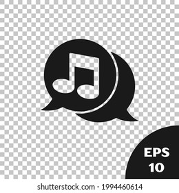 Black Musical note in speech bubble icon isolated on transparent background. Music and sound concept.  Vector