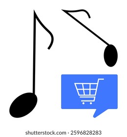 Black musical notes with blue speech bubble containing a shopping cart. Ideal for online music stores, streaming services, e-commerce, digital downloads, marketing, advertising, and multimedia