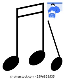 Black musical notes dominate the scene alongside a small graphic of a person with a cashback sign. Ideal for music marketing, finance, promotions, savings, advertising. Simple vector style