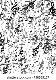 Black musical notes flying isolated on white background. Stylish musical notation symphony signs, notes for sound and tune music. Fresh vector symbols for melody recording, prints and back layers.