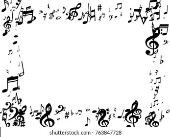 Black musical notes flying isolated on white background. Stylish musical notation symphony signs, notes for sound and tune music. Fresh vector symbols for melody recording, prints and back layers.
