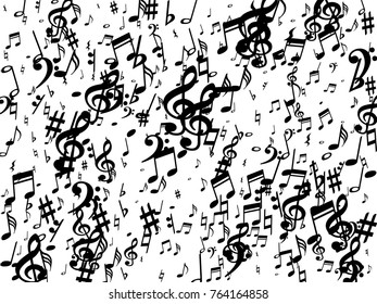 Black musical notes flying isolated on white background. Stylish musical notation symphony signs, notes for sound and tune music. Fresh vector symbols for melody recording, prints and back layers.