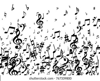 Black musical notes flying isolated on white background. Stylish musical notation symphony signs, notes for sound and tune music. Fresh vector symbols for melody recording, prints and back layers.