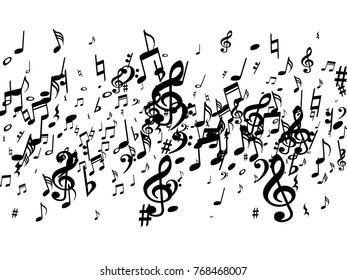 Black musical notes flying isolated on white background. Stylish musical notation symphony signs, notes for sound and tune music. Fresh vector symbols for melody recording, prints and back layers.