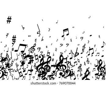 Black musical notes flying isolated on white background. Stylish musical notation symphony signs, notes for sound and tune music. Fresh vector symbols for melody recording, prints and back layers.
