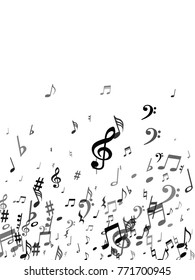 Black musical notes flying isolated on white background. Stylish musical notation symphony signs, notes for sound and tune music. Fresh vector symbols for melody recording, prints and back layers.
