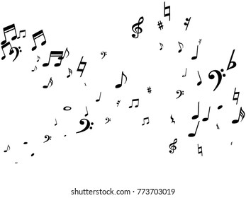 Black musical notes flying isolated on white background. Stylish musical notation symphony signs, notes for sound and tune music. Fresh vector symbols for melody recording, prints and back layers.